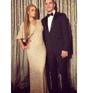 Alice & Olivia Krystina Embellished Cape Sleeve Evening Gown